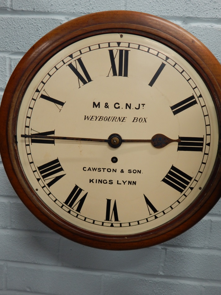 A late 19thC mahogany railway wall clock, the dial bearing the initials M & G.N.JT, Weybourne Box, - Bild 2 aus 3