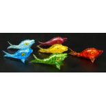 Six Murano glass fish, in colours, yellow, green, purple, orange, light blue and dark blue, each