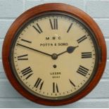 A late 19thC mahogany railway wall clock, the enamelled dial signed M.R.C. Potts & Sons Ltd, 8544,
