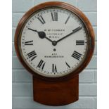 A late 19thC mahogany railway drop dial wall clock, the white dial painted with the name W.