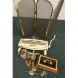 A quantity of metal items, to include ice skate blades, cash tin, scales, mangle (M)