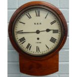 A late 19th/early 20thC mahogany drop dial railway wall clock, the white dial painted for the