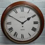 A late 19th/early 20thC mahogany railway wall clock, the dial painted GNR, numbered 10175, with