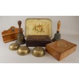 Miscellaneous metalware etc., to include two bells, three Chinese gongs or bells, Indian boxes