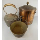 A collection of metalware, to include a large Victorian copper kettle, a coal box and a preserve pan