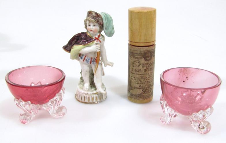 Various bygones, silver plated notebook case, 19thC miniature porcelain figure of a child dressed in - Image 4 of 6
