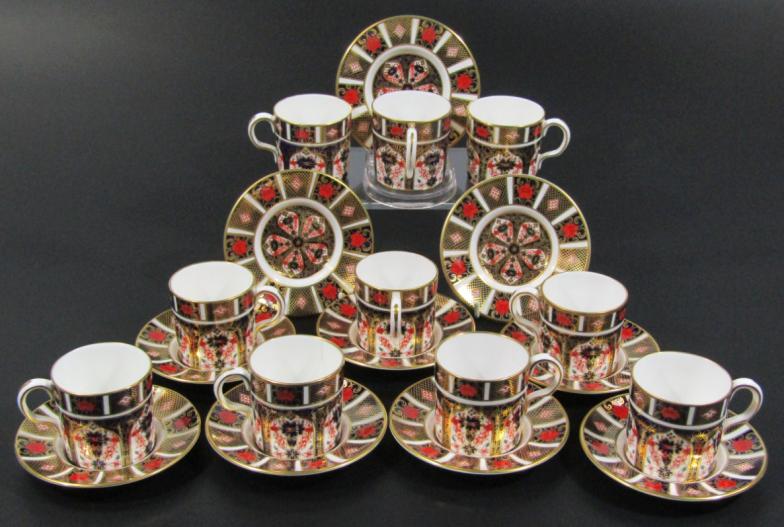 A matched set of ten Royal Crown Derby Imari pattern coffee cans, with saucers, 7cm high. (AF)