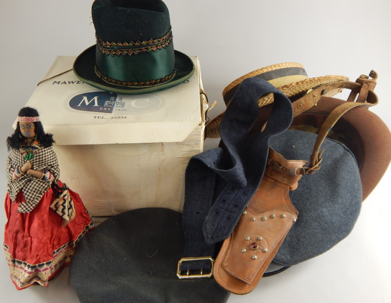 Various items of costume, to include a leather child's cowboy holster, RAF cap, a Tyrolean hat,