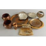 Various metalware, desk calendar on onyx stand 13cm wide, shell shaped butter dishes, copper