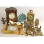 A collection of items, to include a mantel clock in a stained pine case, pieces of brass, a horn