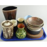 Various items of studio pottery, to include an Alder type jar and cover, a tapering vessel decorated