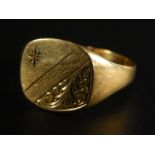 A 9ct gold signet ring, set with tiny white stone, and engraved shield, 3.3g all in.