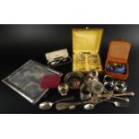 A collection of silver plated and white metal items, to include filigree spoons, napkin ring,