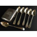 A collection of silver, to include cigarette case engraved R.P., and various teaspoons, 4ozs