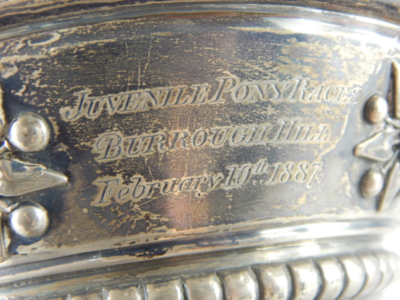 A Victorian silver horse racing trophy, the tapering border cast with patera, above a gadrooned band - Image 4 of 6