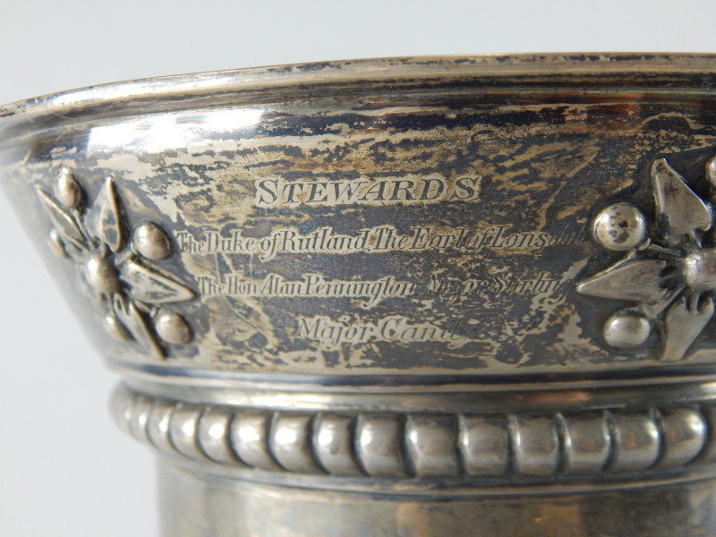 A Victorian silver horse racing trophy, the tapering border cast with patera, above a gadrooned band - Image 2 of 6