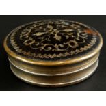 An early 19thC tortoiseshell, white metal and pique work small box, the turned wooden base (AF), 6cm