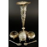 A collection of silver and white metal, to include a tapering vase decorated with dragon