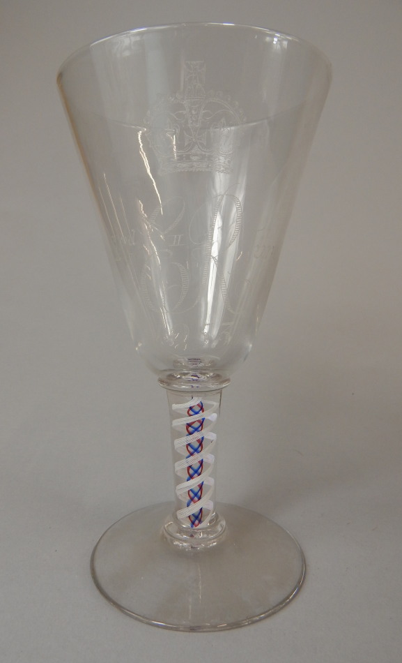 An Elizabeth II Coronation Whitefriars type goblet, dated 1953, with an opaque and coloured twist