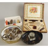 Miscellaneous collectables, to include pen knives, a papier maché inkwell, whistles, manicure set,