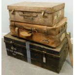 Three late 19thC and later trunks and suitcases, to include two brown leather examples.