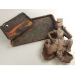 A collection of items, to include an Eastern carving of a figure, an oriental heavy hardwood tray,