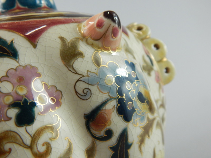 A late 19thC Zsolnay Pecs ceramic ewer, decorated with Islamic style flowers, leaves etc., in - Image 4 of 4