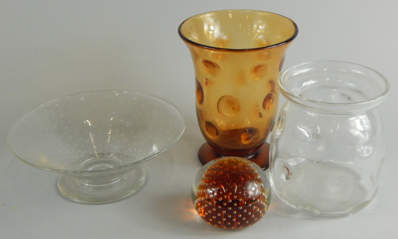 Four items of Webb Arts type glass, to include an amber tinted vase, a clear glass vase, a dish with