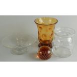 Four items of Webb Arts type glass, to include an amber tinted vase, a clear glass vase, a dish with
