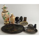 A collection of Oriental items, to include a papier maché tray, Chinese famille vert crackle