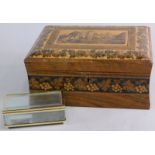 A 19thC rosewood workbox, with Tunbridge ware inlay depicting a ruined building, possibly Battle
