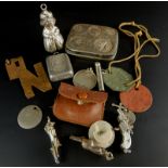 A collection of items, to include a silver plated coin carrier, a silver snooker related fob, part