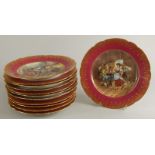 A set of twelve French porcelain Sevres style plates, each printed with a tavern scene within a puce