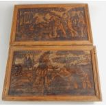 A pair of late 17th/early 18thC Italian cedar panels, each with poker work panels depicting