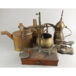 Miscellaneous metalware, etc., to include two hot water carriers, scales, etc.