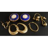 Various earrings and cufflinks, to include a pair of 9ct hoop earrings, set with blue stones, seed