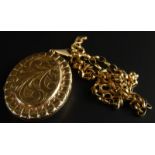 A 9ct gold locket and chain, with floral engraved locket, on belcher link chain, 18.9g all in.