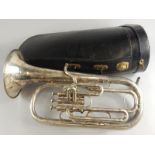 A silver plated tenor horn, stamped Excelliser Sonrcus, class A, Hawkes & Son, London 47569, in