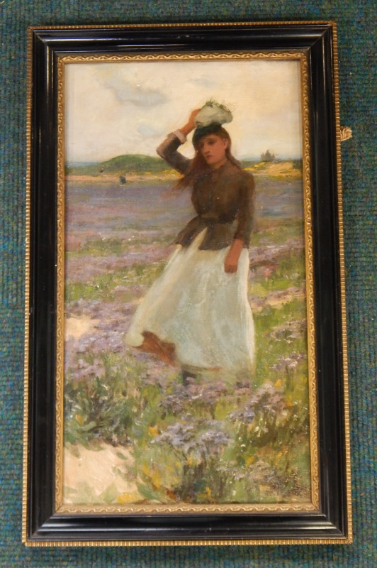 Early 20thC School. Figure of a lady walking through heather, oil on canvas, 44cm x 24cm.