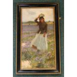 Early 20thC School. Figure of a lady walking through heather, oil on canvas, 44cm x 24cm.