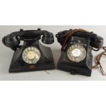 Two black Bakelite telephones, one stamped Siemens London, one with original lead, etc.