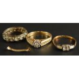 Three dress rings, to include a 9ct gold cubic zirconium set dress ring, a 9ct and platinum dress