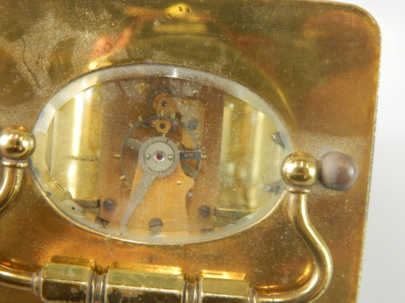 A late 19th/early 20thC French brass carriage clock, with a circular paste set and enamel dial above - Image 5 of 6