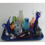 A quantity of retro style Art Glass, to include a cat, a tulip shaped vase, etc.