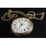 A late 19th/early 20thC Continental white metal fob watch, the blue enamelled dial decorated with