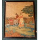 An early 19thC crewel work and silk picture, depicting figures with a donkey, 54cm x 43cm.