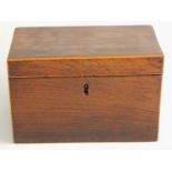 A plain Victorian rosewood rectangular tea caddy, the hinged lid enclosing two divisions, 19cm