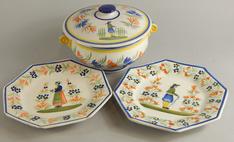 Three items of Quimper of France, to include two similar plates and a tureen and cover