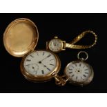 Three watches, to include a gold plated pocket watch, a gold plated wristwatch and a silver fob