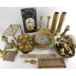 Miscellaneous metalware, to include candlesticks, an oriental gong stand, an Arts and Crafts bowl,